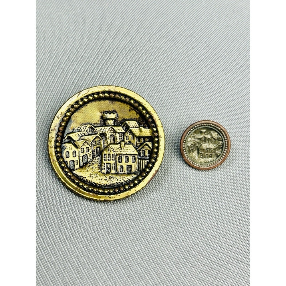 Castle & Town Large & Mini Antique Metal Loop Picture Buttons Set Of 2